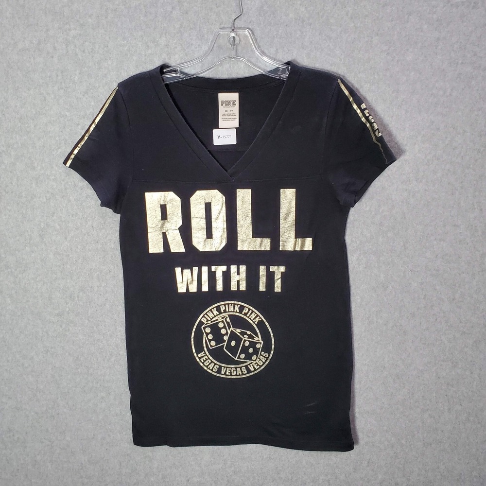Pink Victorias Secret Women Top XS Black T-Shirt Roll With It Vegas Short Sleeve